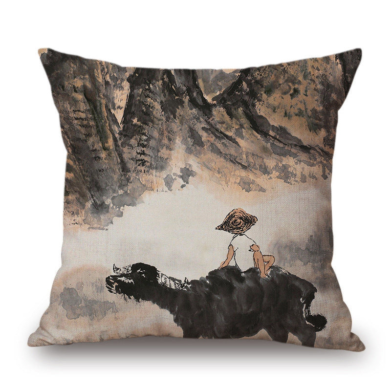 KTX-001491 Retro Landscape Cotton Cushion Cover for Home Decor - 45x45cm