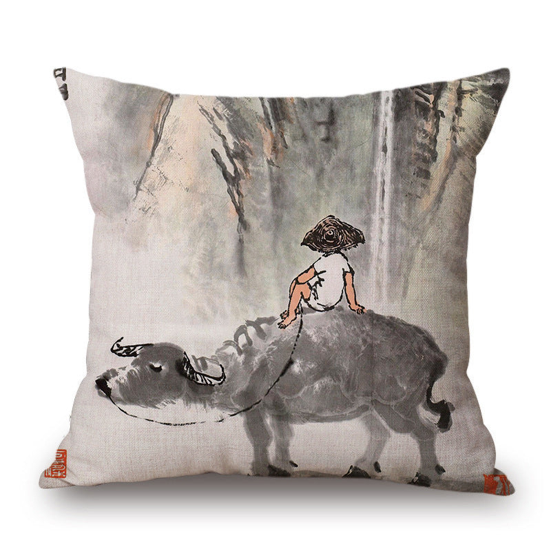 KTX-001491 Retro Landscape Cotton Cushion Cover for Home Decor - 45x45cm