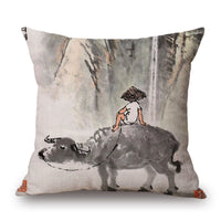 HKM-001491 Retro Landscape Cotton Cushion Cover for Home Decor - 45x45cm