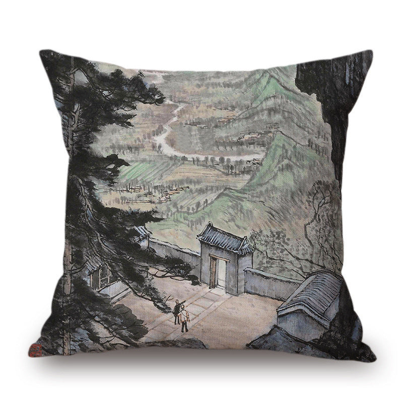 KTX-001491 Retro Landscape Cotton Cushion Cover for Home Decor - 45x45cm
