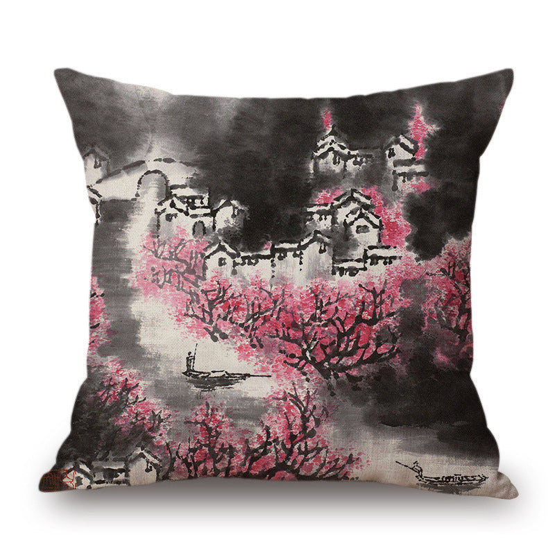 KTX-001491 Retro Landscape Cotton Cushion Cover for Home Decor - 45x45cm