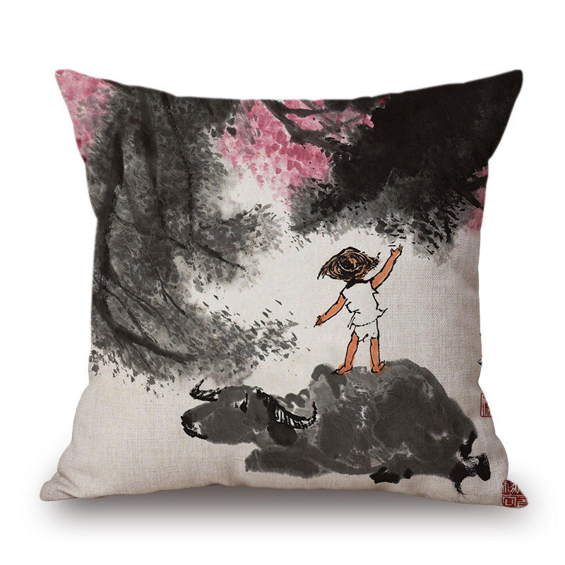 KTX-001491 Retro Landscape Cotton Cushion Cover for Home Decor - 45x45cm