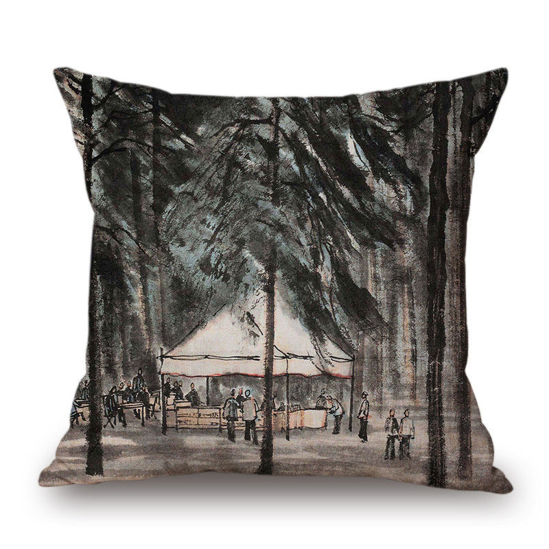 KTX-001491 Retro Landscape Cotton Cushion Cover for Home Decor - 45x45cm