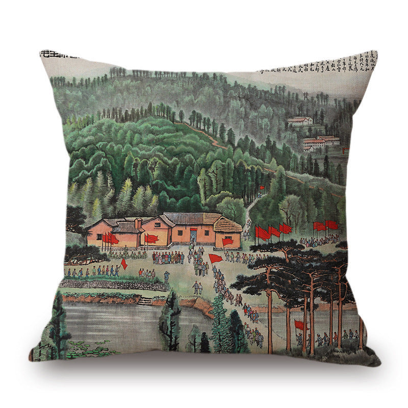 KTX-001491 Retro Landscape Cotton Cushion Cover for Home Decor - 45x45cm