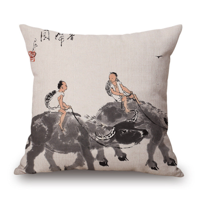 KTX-001491 Retro Landscape Cotton Cushion Cover for Home Decor - 45x45cm