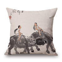 HKM-001491 Retro Landscape Cotton Cushion Cover for Home Decor - 45x45cm