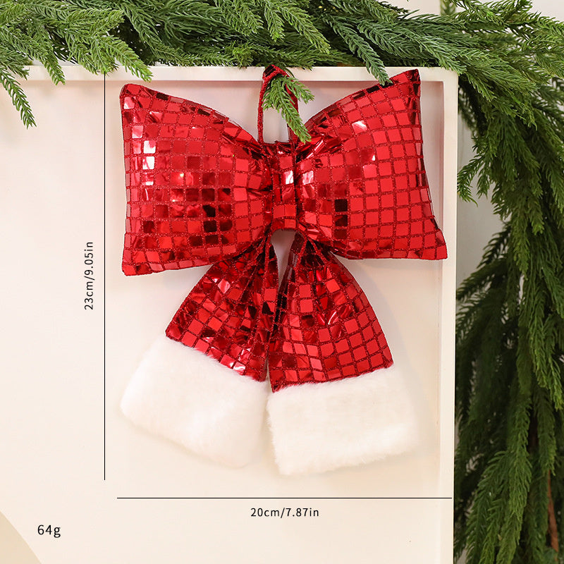 HKM-001555 Elegant Mirror Bow Christmas Tree Decoration in Gold, Silver, and Red Paillettes