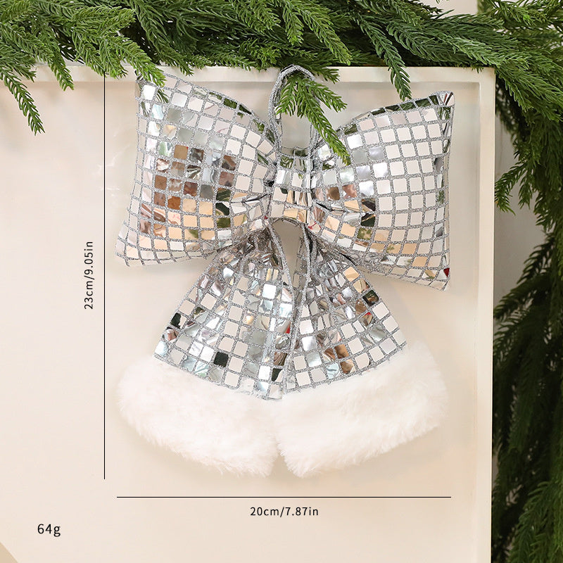 HKM-001555 Elegant Mirror Bow Christmas Tree Decoration in Gold, Silver, and Red Paillettes