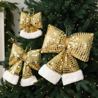 HKM-001555 Elegant Mirror Bow Christmas Tree Decoration in Gold, Silver, and Red Paillettes