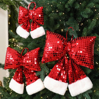 HKM-001555 Elegant Mirror Bow Christmas Tree Decoration in Gold, Silver, and Red Paillettes