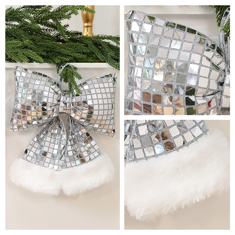 HKM-001555 Elegant Mirror Bow Christmas Tree Decoration in Gold, Silver, and Red Paillettes