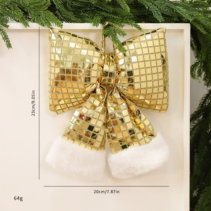 HKM-001555 Elegant Mirror Bow Christmas Tree Decoration in Gold, Silver, and Red Paillettes