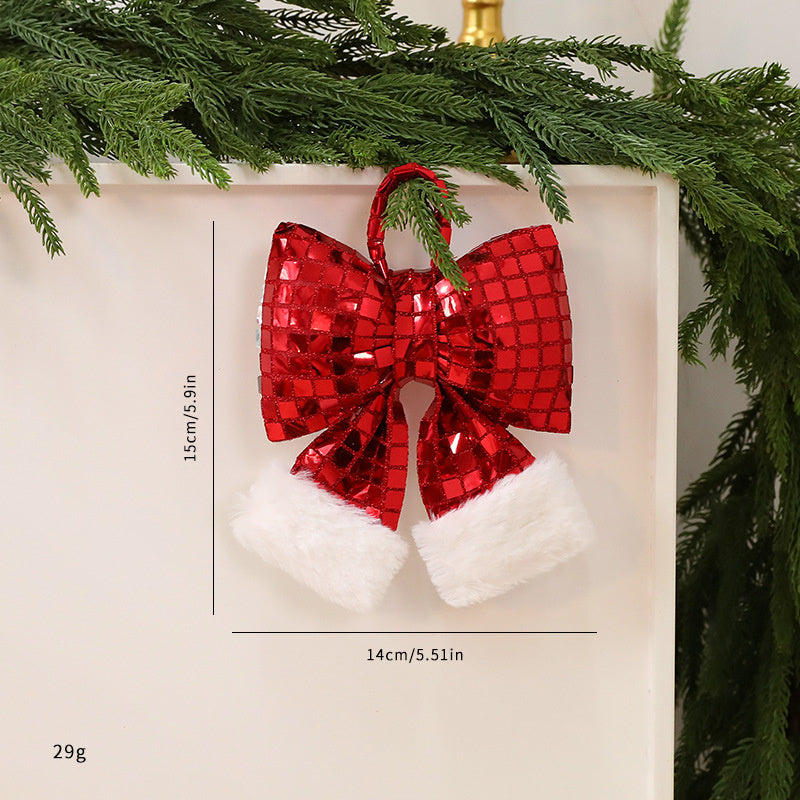 HKM-001555 Elegant Mirror Bow Christmas Tree Decoration in Gold, Silver, and Red Paillettes