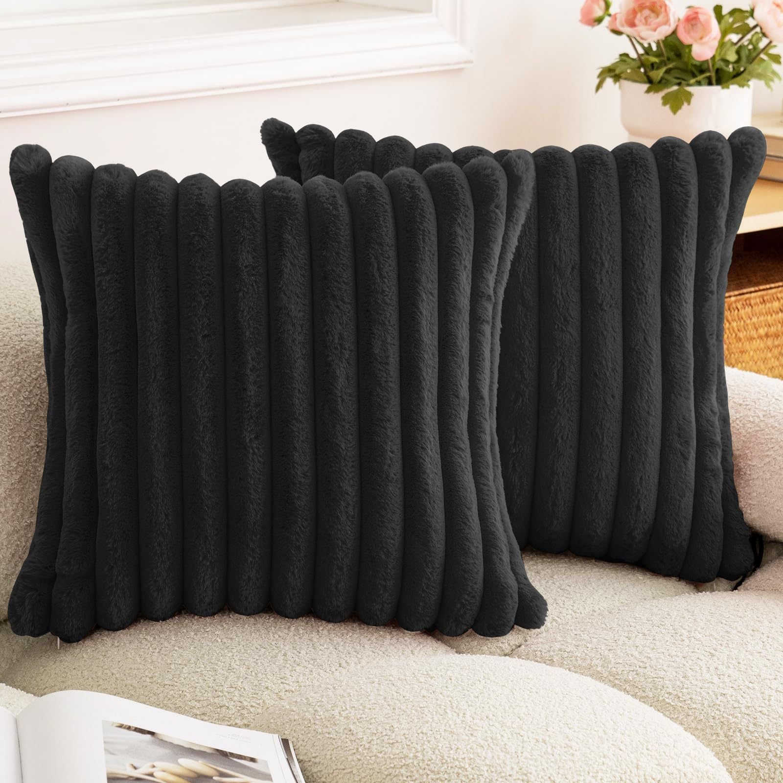 HKM-003155 Plush Vertical Bar Cushion Cover in Milky White and Assorted Colors, 45x45cm