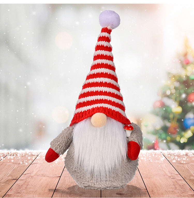 HKM-003219 Red and White Striped Knitted Hat with Dwarf Doll Accent for Holiday Cheer