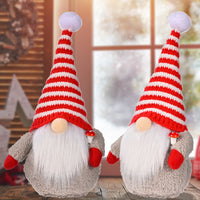 HKM-003219 Red and White Striped Knitted Hat with Dwarf Doll Accent for Holiday Cheer