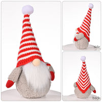 HKM-003219 Red and White Striped Knitted Hat with Dwarf Doll Accent for Holiday Cheer