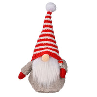 HKM-003219 Red and White Striped Knitted Hat with Dwarf Doll Accent for Holiday Cheer