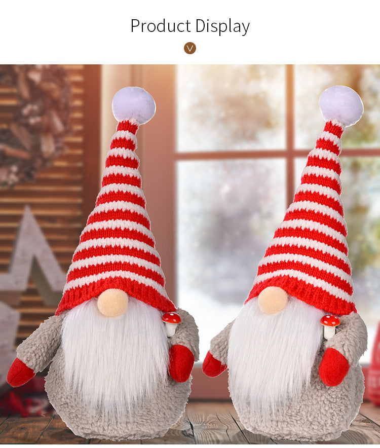 HKM-003219 Red and White Striped Knitted Hat with Dwarf Doll Accent for Holiday Cheer