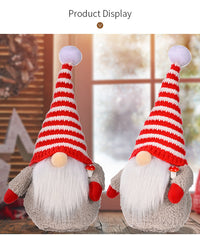 HKM-003219 Red and White Striped Knitted Hat with Dwarf Doll Accent for Holiday Cheer