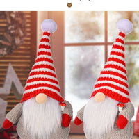 HKM-003219 Red and White Striped Knitted Hat with Dwarf Doll Accent for Holiday Cheer