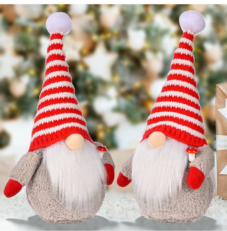 HKM-003219 Red and White Striped Knitted Hat with Dwarf Doll Accent for Holiday Cheer