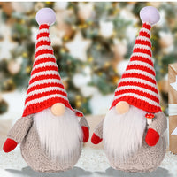 HKM-003219 Red and White Striped Knitted Hat with Dwarf Doll Accent for Holiday Cheer