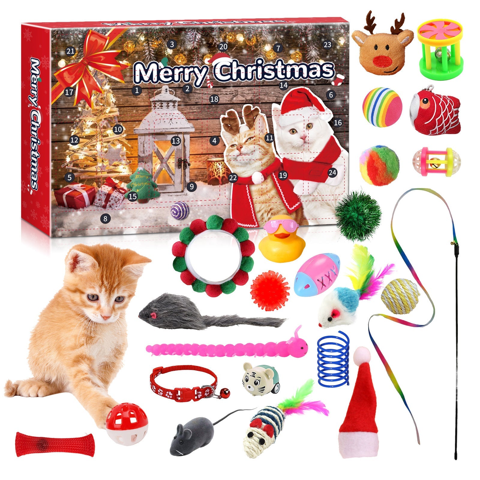 HKM-003283 Santa Kitty Countdown Calendar with Plush Cat Toys – 24 Grid Advent Surprise for Ages 7-14