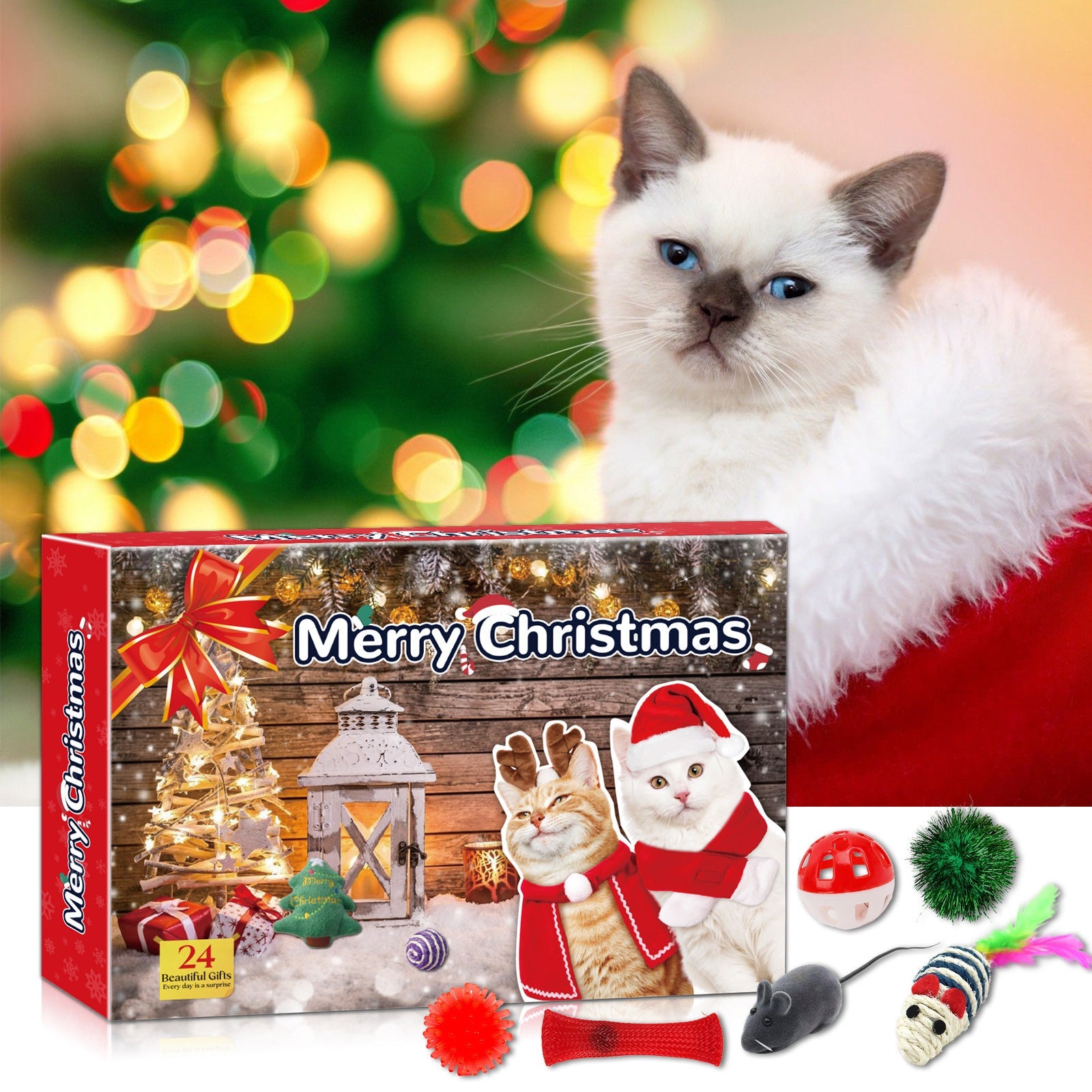 HKM-003283 Santa Kitty Countdown Calendar with Plush Cat Toys – 24 Grid Advent Surprise for Ages 7-14