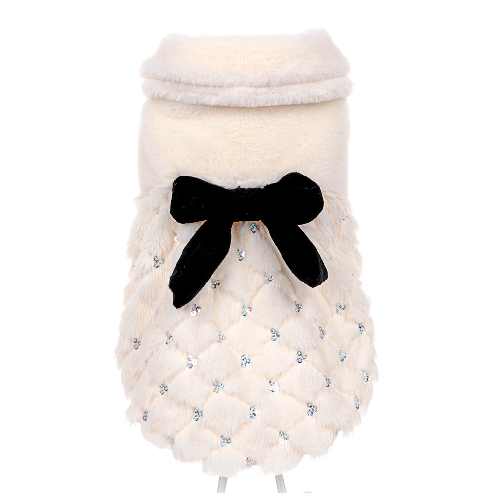 HKM-003859 Elegant Bow Plush Dog Coat for Spring and Autumn – Breathable Casual Two-Legged Pet Clothing in White