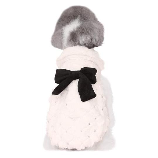 HKM-003859 Elegant Bow Plush Dog Coat for Spring and Autumn – Breathable Casual Two-Legged Pet Clothing in White