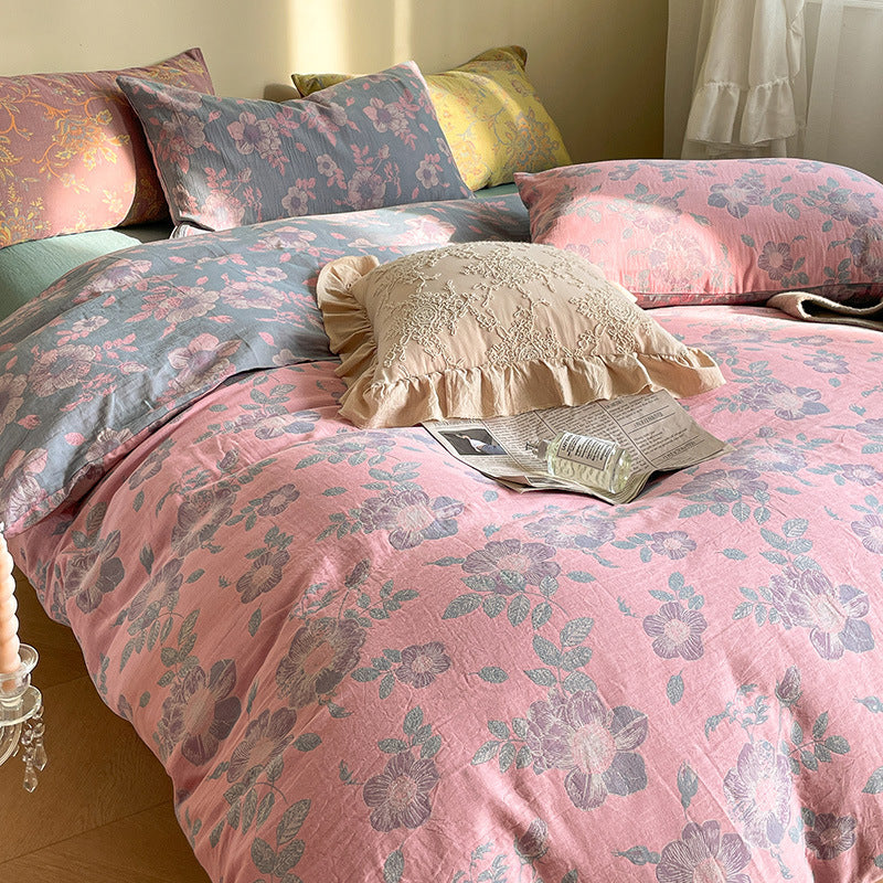KTX-004051 French Yarn-Dyed Jacquard Cotton Gauze 4-Piece Bedding Set - Floral Design