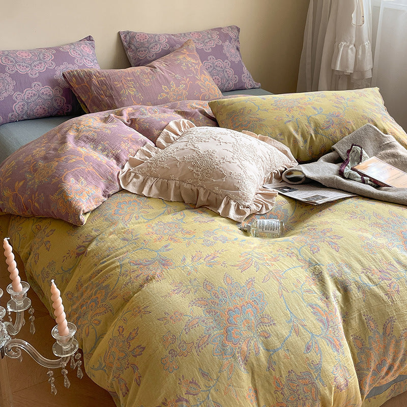 KTX-004051 French Yarn-Dyed Jacquard Cotton Gauze 4-Piece Bedding Set - Floral Design