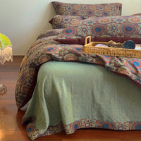 HKM-004051 French Yarn-Dyed Jacquard Cotton Gauze 4-Piece Bedding Set - Floral Design