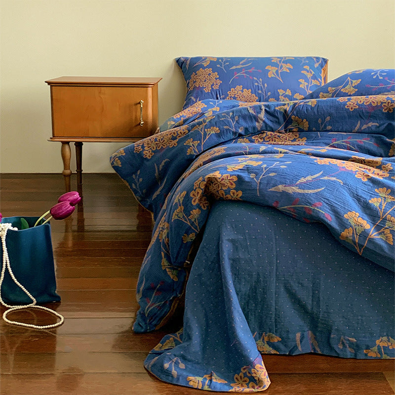 KTX-004051 French Yarn-Dyed Jacquard Cotton Gauze 4-Piece Bedding Set - Floral Design