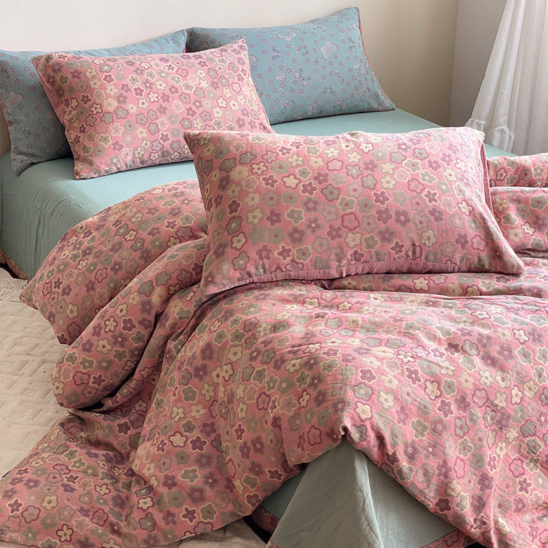 KTX-004051 French Yarn-Dyed Jacquard Cotton Gauze 4-Piece Bedding Set - Floral Design