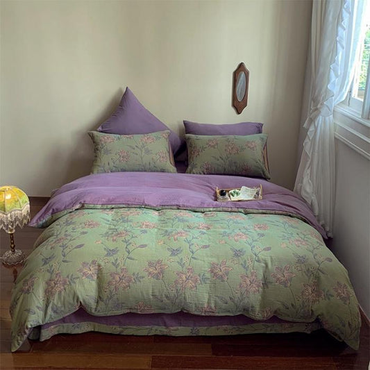 KTX-004051 French Yarn-Dyed Jacquard Cotton Gauze 4-Piece Bedding Set - Floral Design
