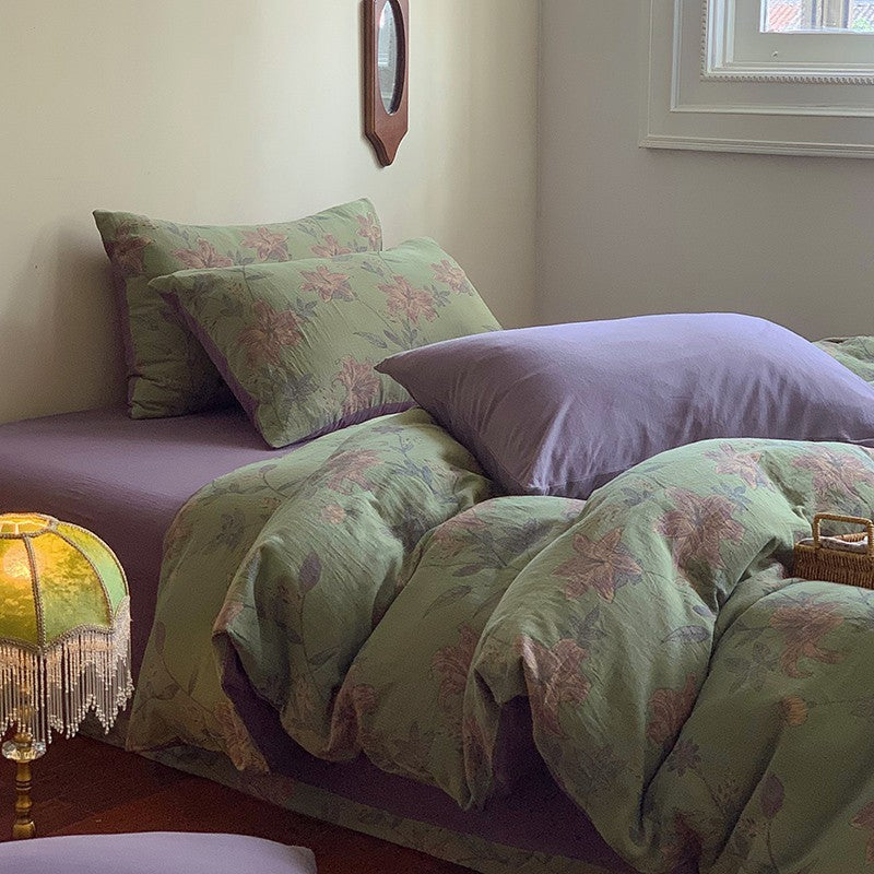 KTX-004051 French Yarn-Dyed Jacquard Cotton Gauze 4-Piece Bedding Set - Floral Design