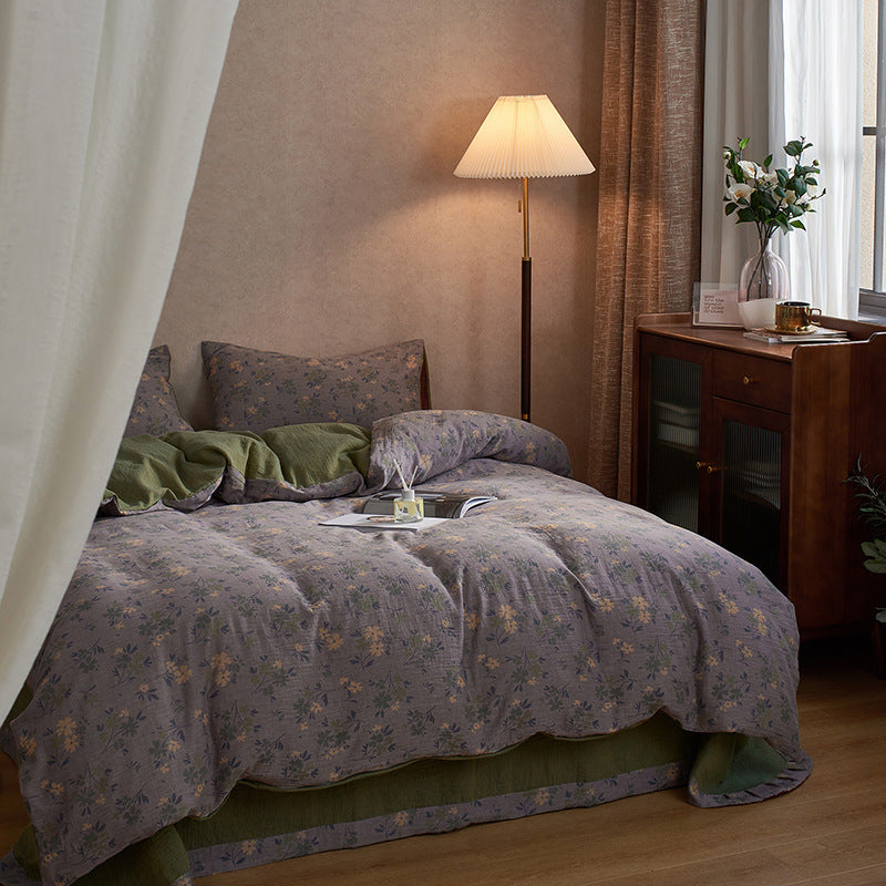 KTX-004051 French Yarn-Dyed Jacquard Cotton Gauze 4-Piece Bedding Set - Floral Design