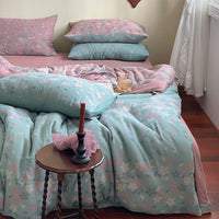 HKM-004051 French Yarn-Dyed Jacquard Cotton Gauze 4-Piece Bedding Set - Floral Design