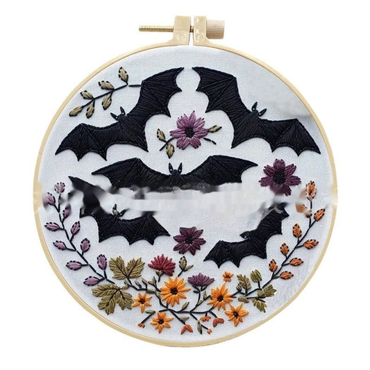KTX-004243 Embroidery Skull Bat Design with Cotton and Linen Material – 15cm Bamboo Frame Included