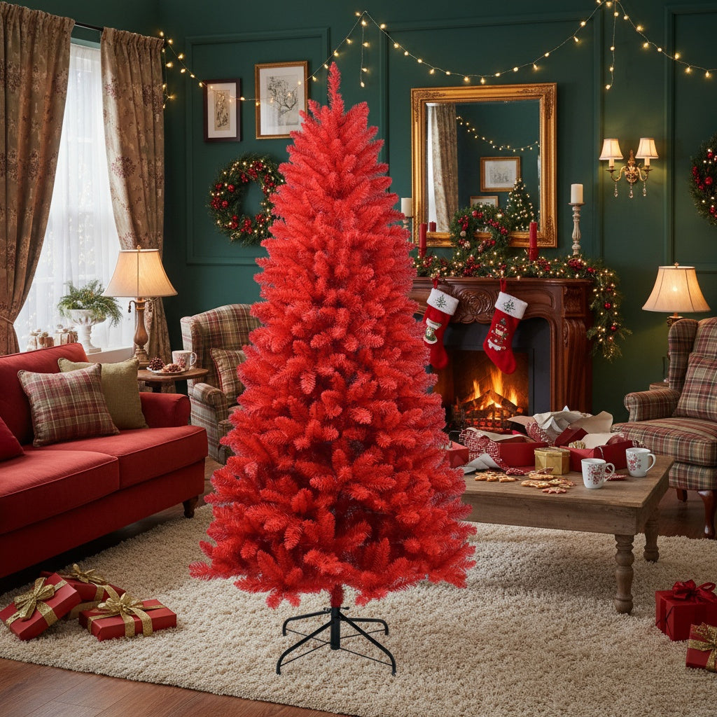 HKM-004371 5FT Red Artificial Christmas Tree with 624 Tips, Hinged Branches and Stable Metal Stand for Holiday Decor