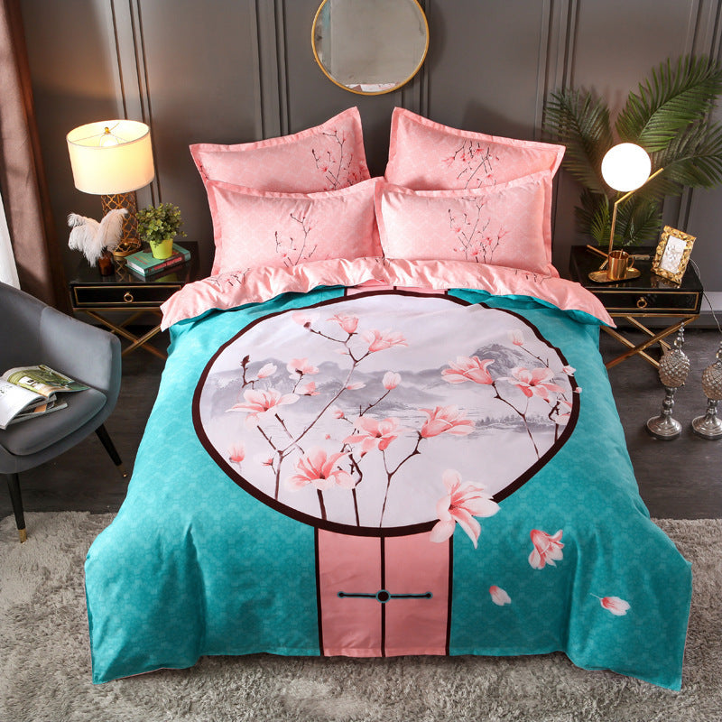 HKM-004563 Floral Patterned Four-Piece Cashmere Bed Set for 1.5m, 1.8m, and 2.0m Beds