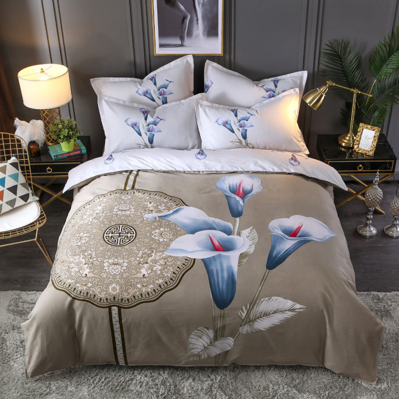 HKM-004563 Floral Patterned Four-Piece Cashmere Bed Set for 1.5m, 1.8m, and 2.0m Beds