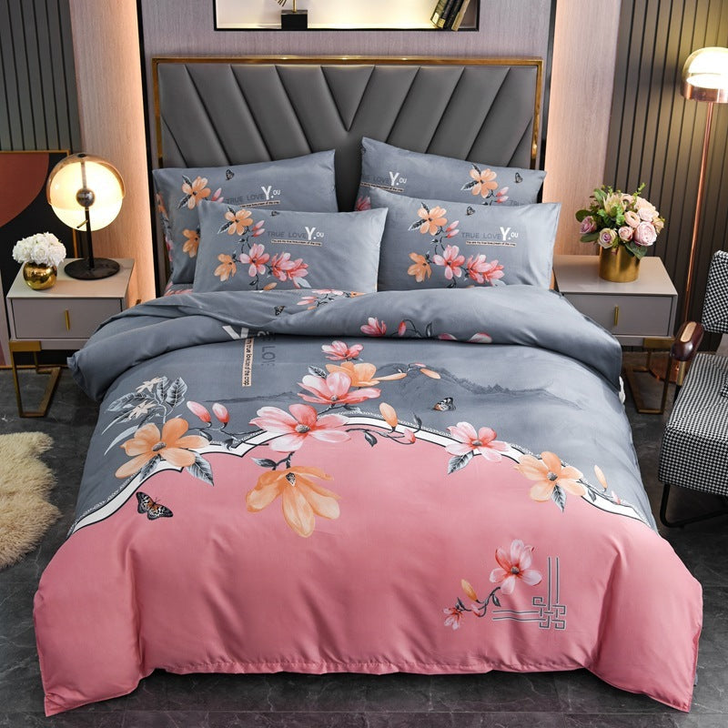 HKM-004563 Floral Patterned Four-Piece Cashmere Bed Set for 1.5m, 1.8m, and 2.0m Beds