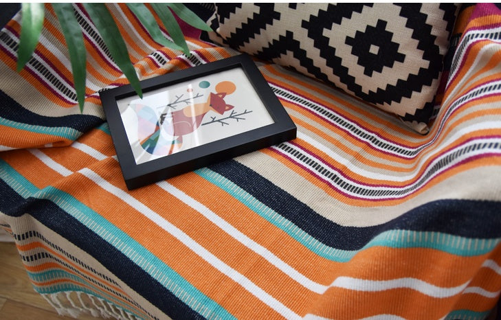 HKM-004563 Indian Striped Tassel Blanket - Acrylic, 130x170cm, National Style for Spring & Autumn