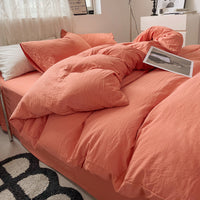 HKM-005203 Solid Color Washed Cotton Duvet Cover 4-Piece Bed Set with Fitted Sheet and Pillowcases