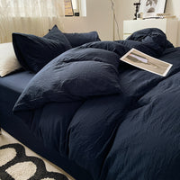 HKM-005203 Solid Color Washed Cotton Duvet Cover 4-Piece Bed Set with Fitted Sheet and Pillowcases