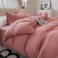 HKM-005203 Solid Color Washed Cotton Duvet Cover 4-Piece Bed Set with Fitted Sheet and Pillowcases