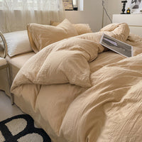 HKM-005203 Solid Color Washed Cotton Duvet Cover 4-Piece Bed Set with Fitted Sheet and Pillowcases